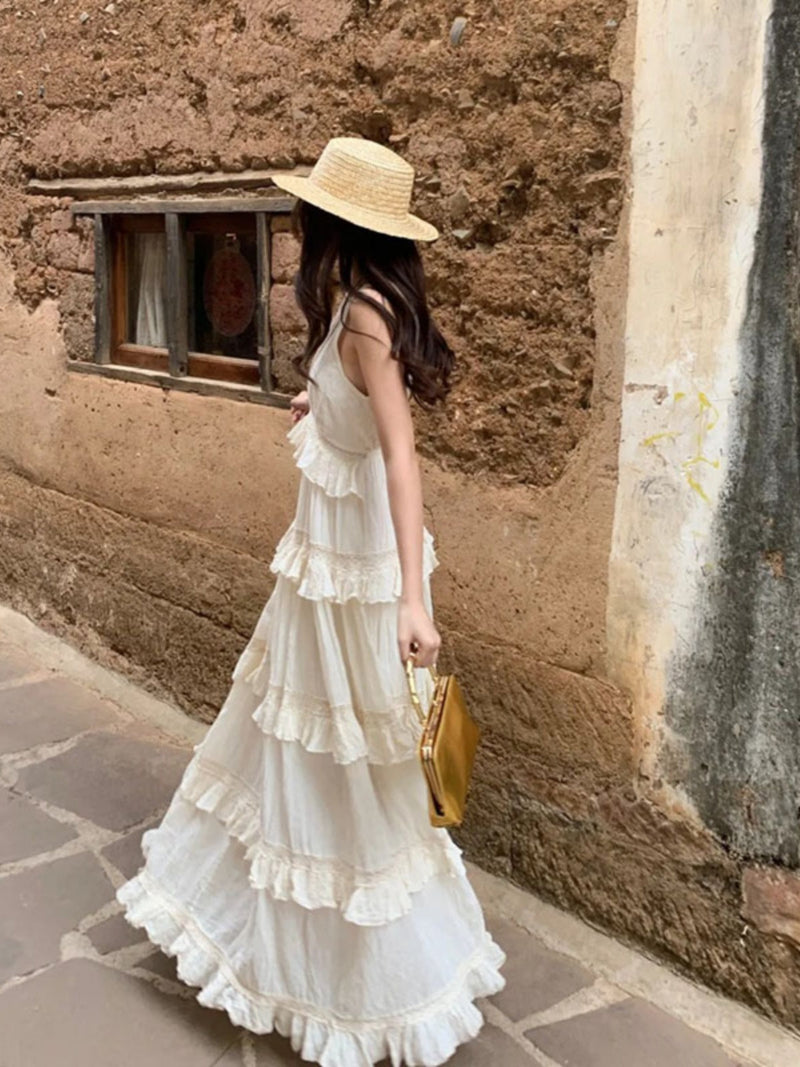 French Soft Ruffle Tiered Maxi Dress _ Cotton Linen Vacation Gown for Summer Gunne Sax Dress