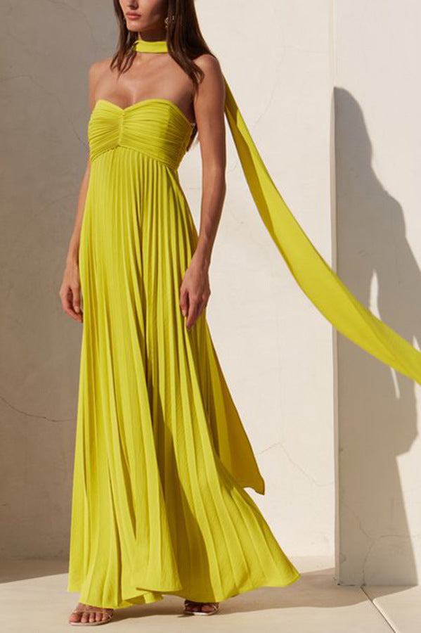 Exquisite Princess Pleated Off Shoulder With Scarf Party Maxi Dress