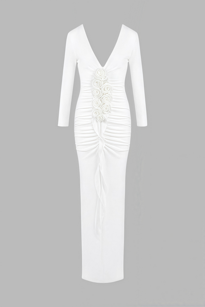 Vivialk V-neck 3d Flower Pleated Maxi Dress