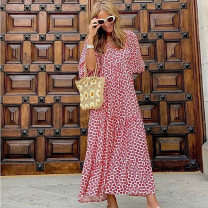 Fashionable Street Picnic Bubble Sleeve Layered Party Midi Dress