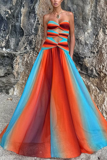 ' Sunset Strapless Tassel Printed Twisted Hollow Off Shoulder Vacation Long Dress