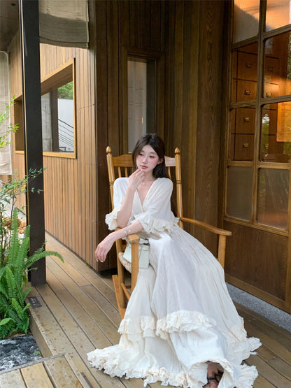 Tailande Linen Maxi Dress _ V-neck Ruffle Goddess Gown With 10-meter Full Hem