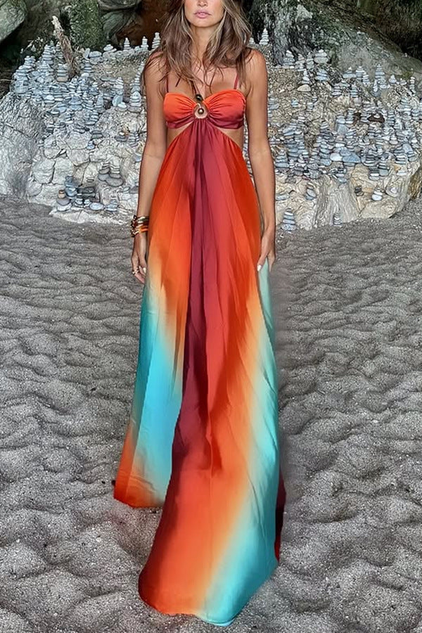 Queen Neon Sunset Printed Metal Decor Hollow Back Lace Holiday Long Dress