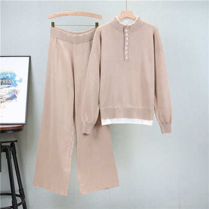 Khaki - Fashionable Loose Tweed-style Two Piece Set