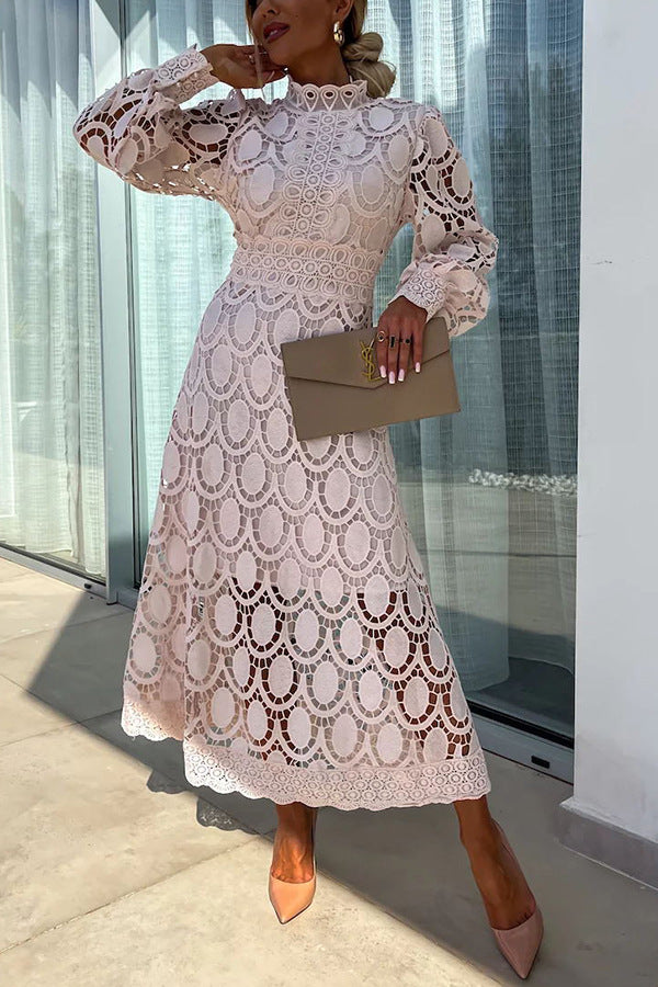 French Party Sensual Party Crochet Lace Lantern Sleeves Party Midi Skirt