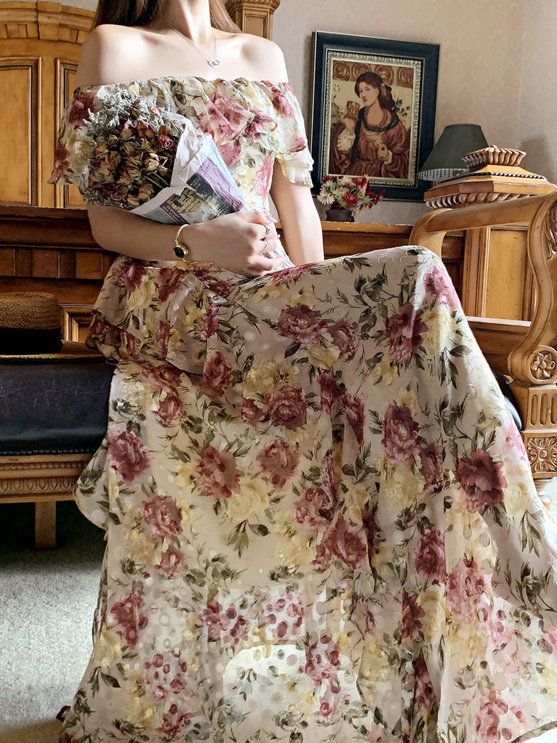 French Court-style Maxi Dress _ Ruffled Off-shoulder Chiffon Dream Gunne Sax Dress