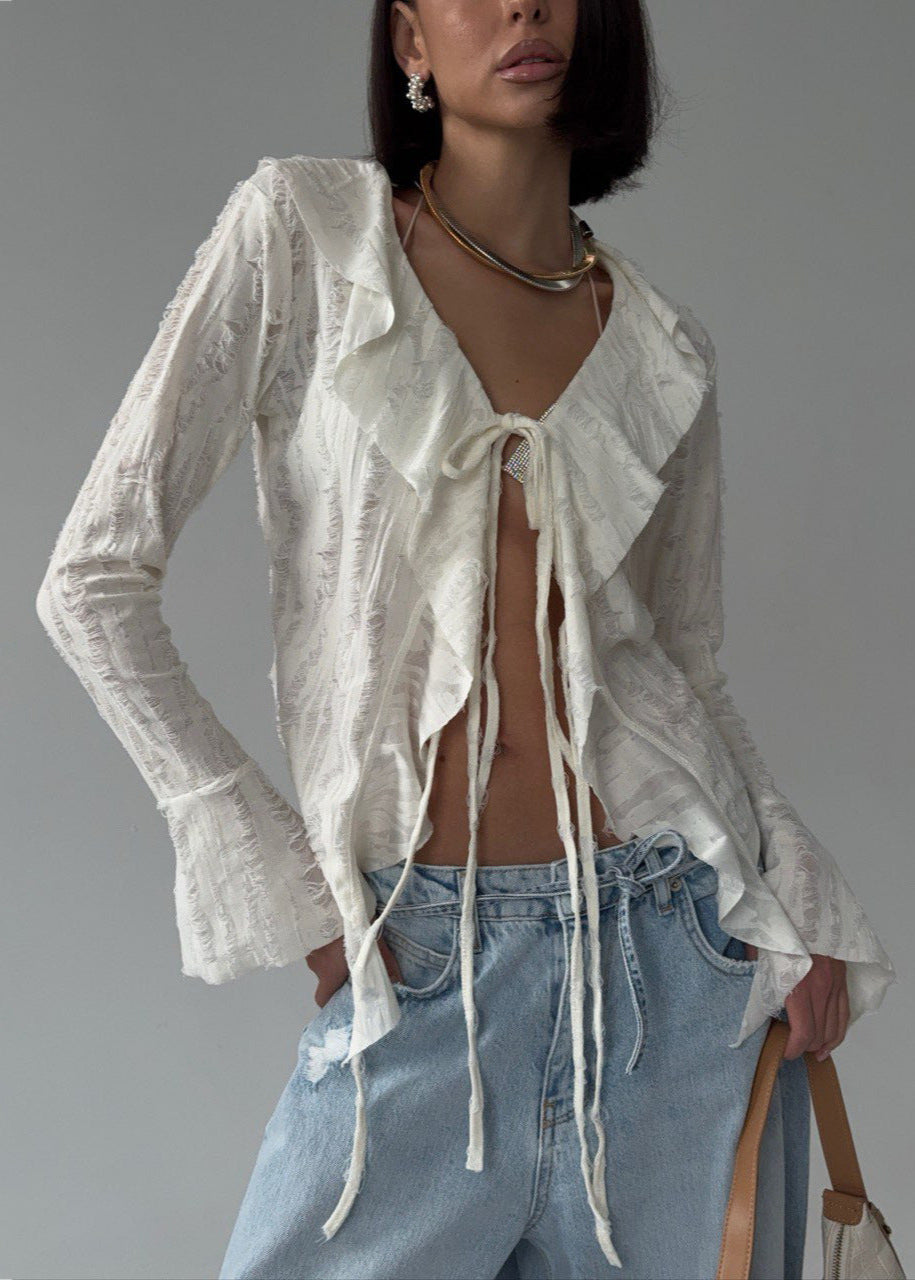 Sheer Ruffle-trim Tie-front Blouse