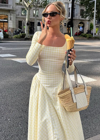 Pink Gingham Long Sleeve Midi Dress – Square Neck Fit and Flare