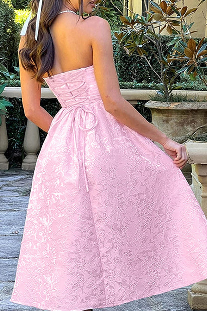 Jacquard Fabric Strapless Open Back Slim Midi Dress