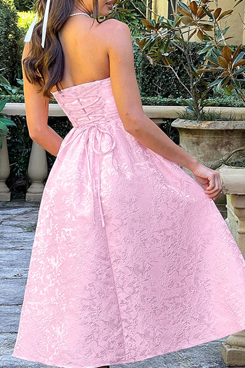Jacquard Fabric Strapless Open Back Slim Midi Dress