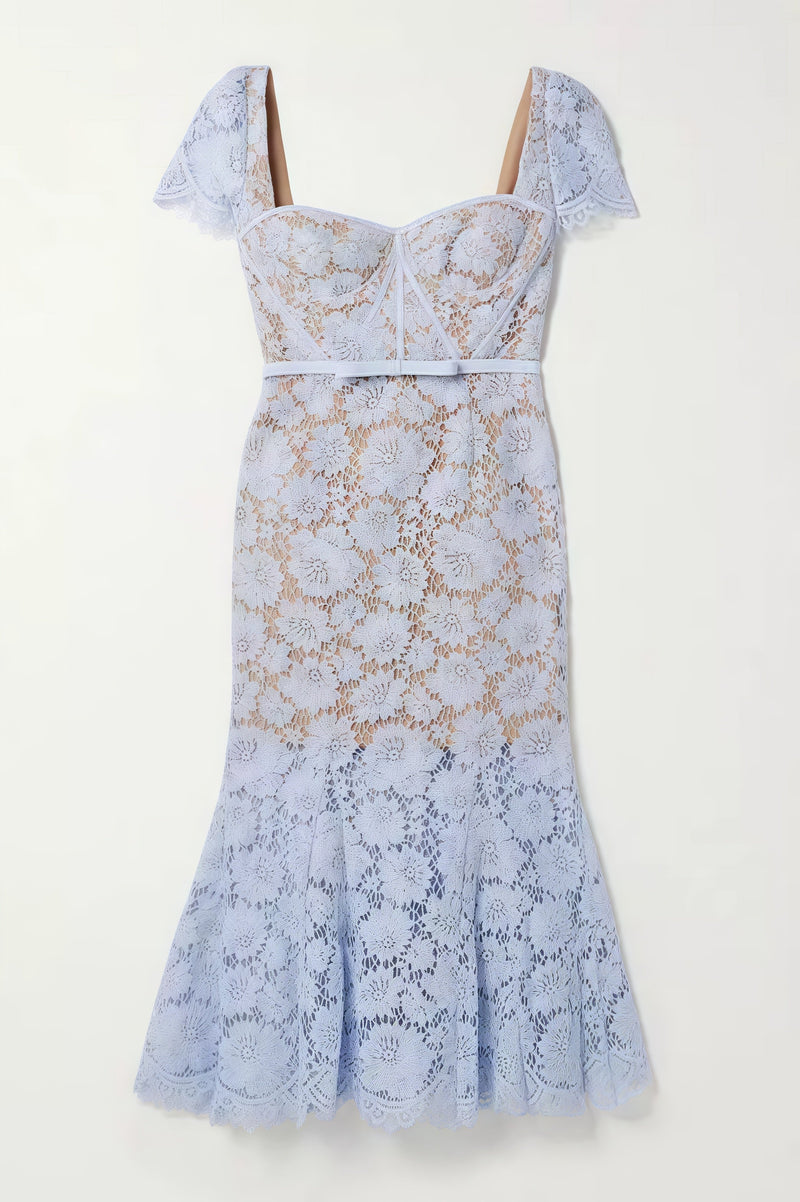 Xanea Square Neck Blue Lace Midi Dress