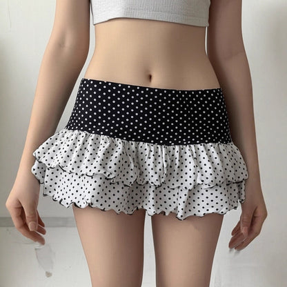 Polka Dot Patchwork Color Block Tiered Slim Mini Skirt