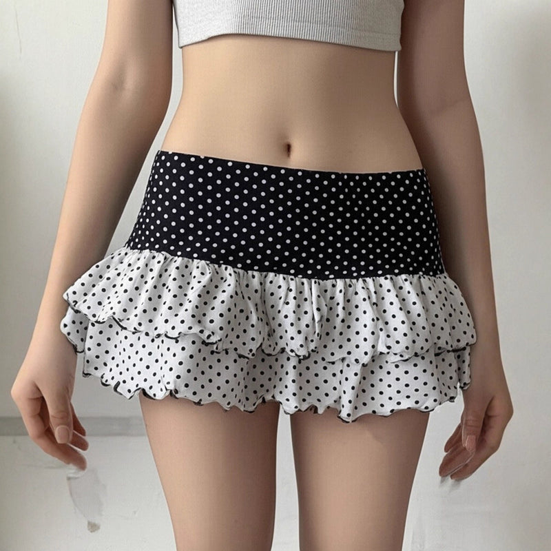 Polka Dot Patchwork Color Block Tiered Slim Mini Skirt