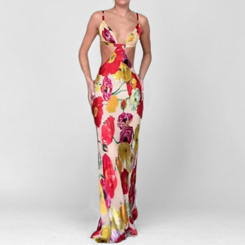 Hawaiian Dreams Satin Print Cutout Backless Maxi Dress