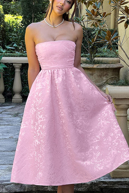 Jacquard Fabric Strapless Open Back Slim Midi Dress