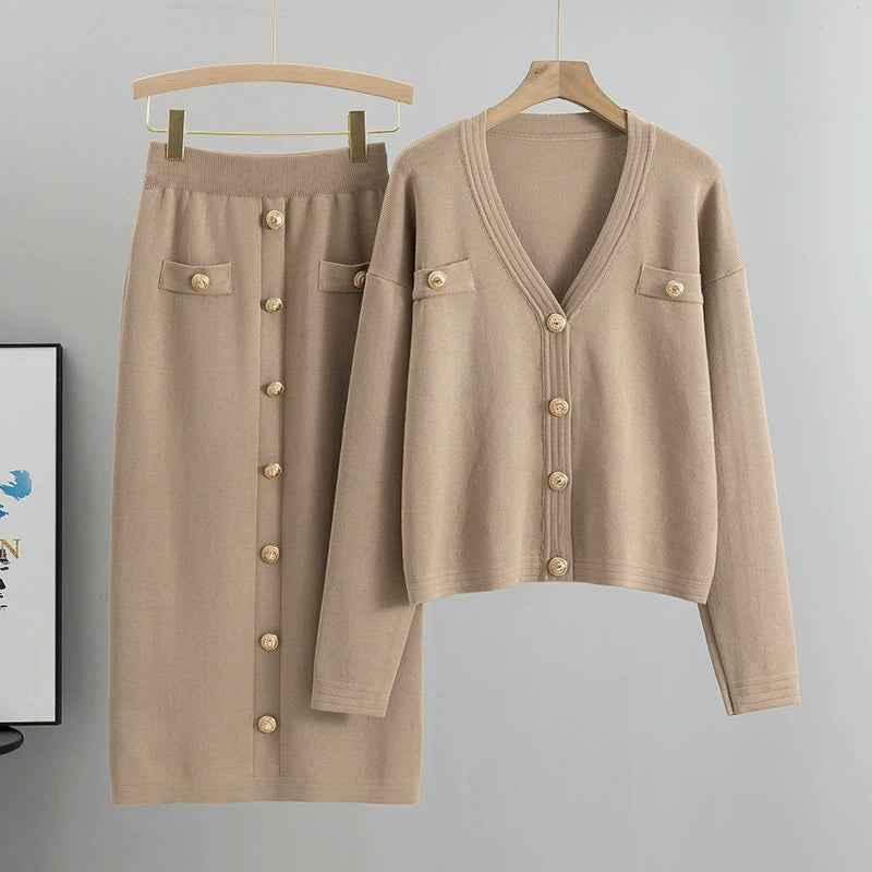 Khaki - Chanel-inspired Cardigan Sweater Two Piece Set