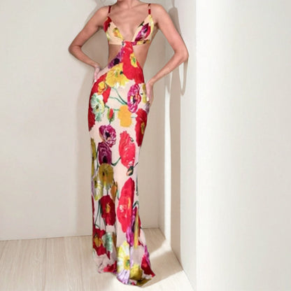 Hawaiian Dreams Satin Print Cutout Backless Maxi Dress