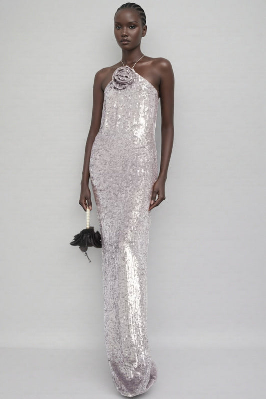 Soraya Silver Sequin 3d Maxi Dress