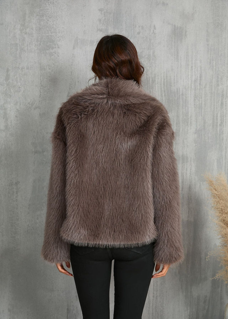 Amara Faux Fur Jacket – Soft Brown Short Coat With Wide Collar
