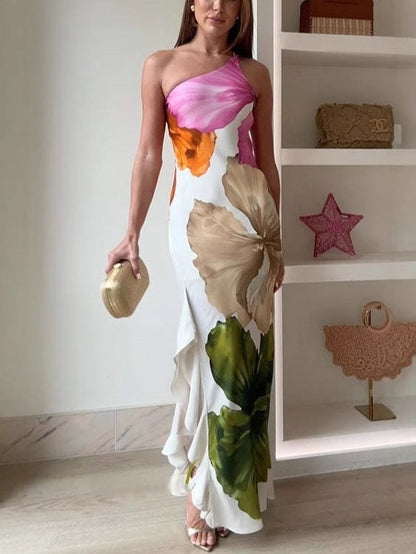 ' Design Flower Printed Single Shoulder Side Ruffle Long Dress