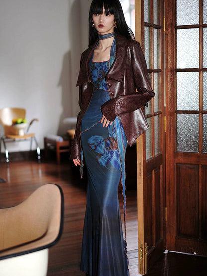 Off Shoulder Flower Printed Mesh Slim Maxi Dress