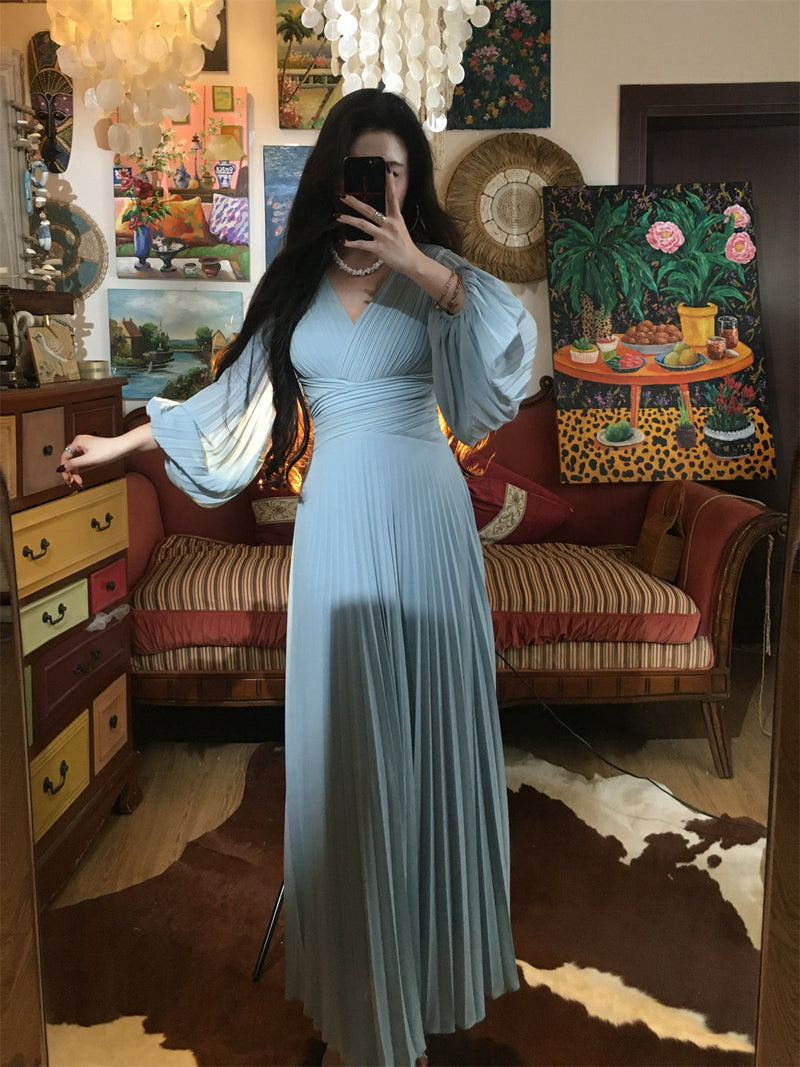 Misty Blue Pleated Panel Maxi Dress _ Flowy Slimming Gown Gunne Sax Dress
