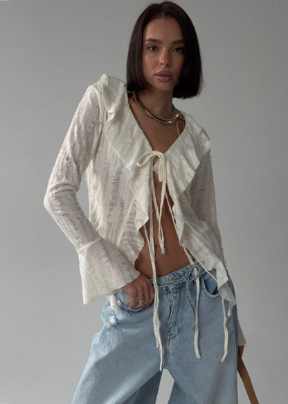 Sheer Ruffle-trim Tie-front Blouse