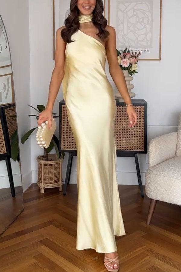 Milk White Party Dress Satin One Shoulder Scarf Long Skirt