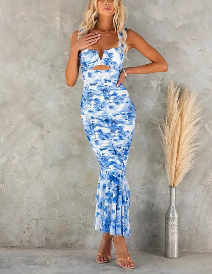Styled to Perfection Ruched Mesh Overlay Ruffle Hem Maxi Dress