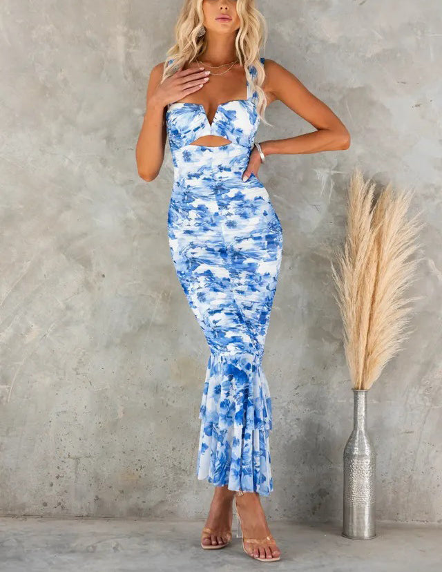 Styled to Perfection Ruched Mesh Overlay Ruffle Hem Maxi Dress