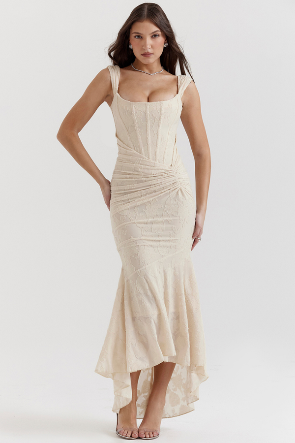 Octavie Ruched Corset Maxi Dress in Beige