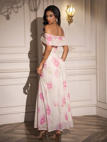 Off Shoulder Ruched Print Dress
