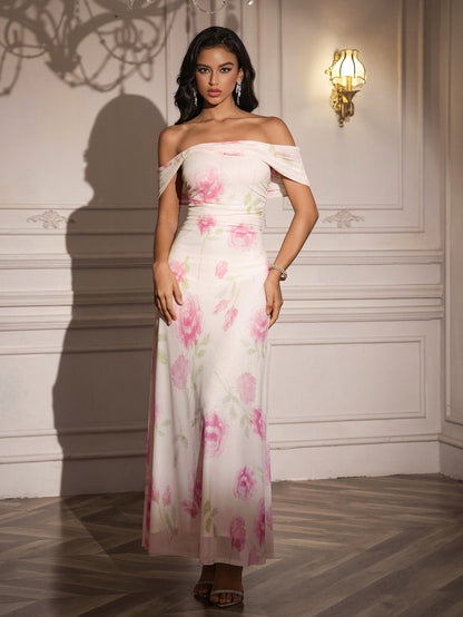 Off Shoulder Ruched Print Dress