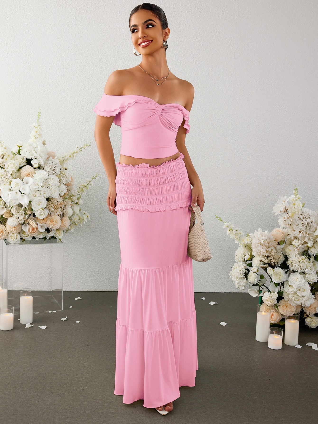 Off Shoulder Ruched Twist Front Top&ruffle Low Waist Skirt