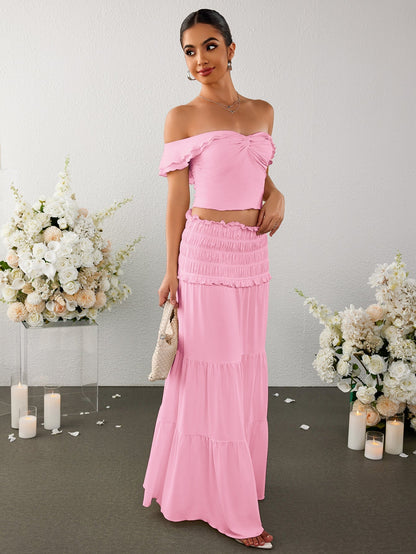Off Shoulder Ruched Twist Front Top&ruffle Low Waist Skirt