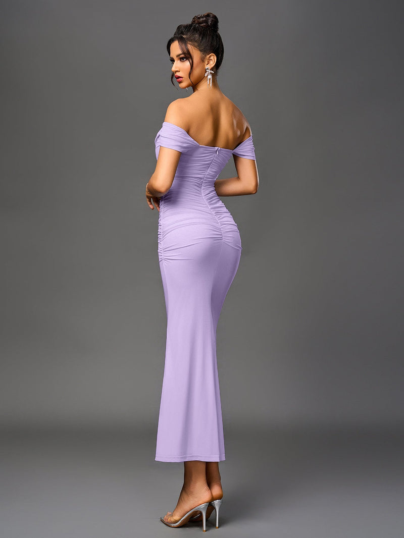 Off Shoulder Ruched Zipper Back Bodycon Dress
