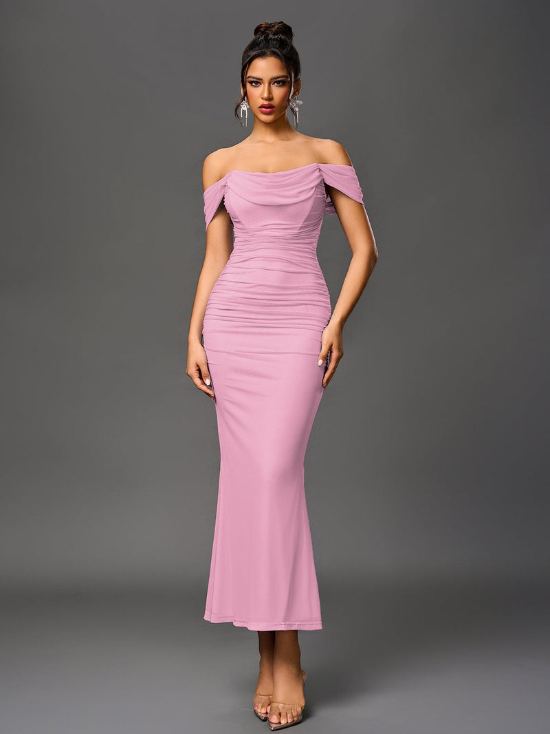 Off Shoulder Ruched Zipper Back Bodycon Dress