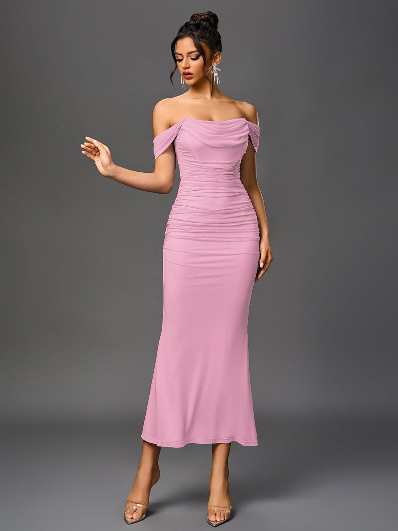 Off Shoulder Ruched Zipper Back Bodycon Dress