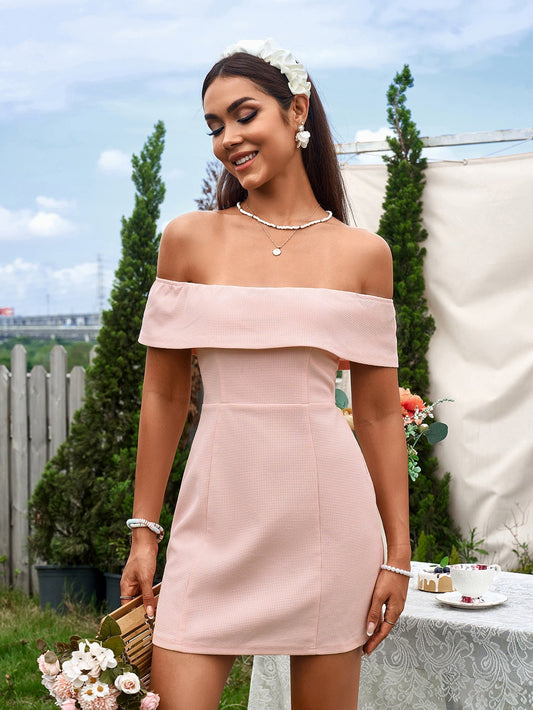 Off Shoulder Zipper Back Waffle Mini Dress