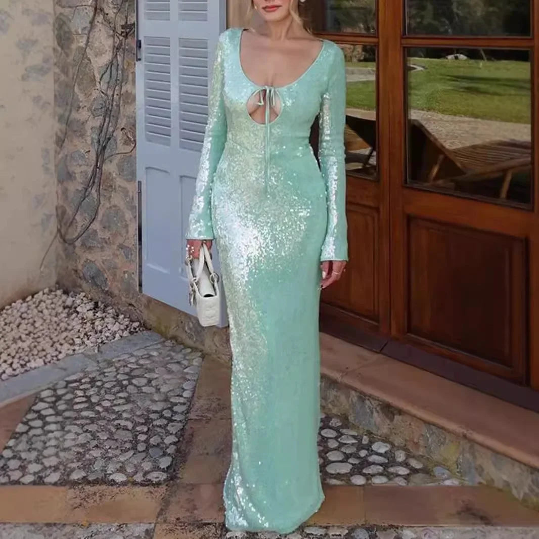 Sequins Maxi Dress for Formal Occasions - Long Sleeve Wedding and Christmas Party Dress