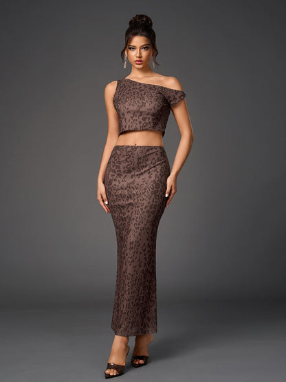 One Shoulder Draped Tie Backless Top&mesh Print Bodycon Skirt