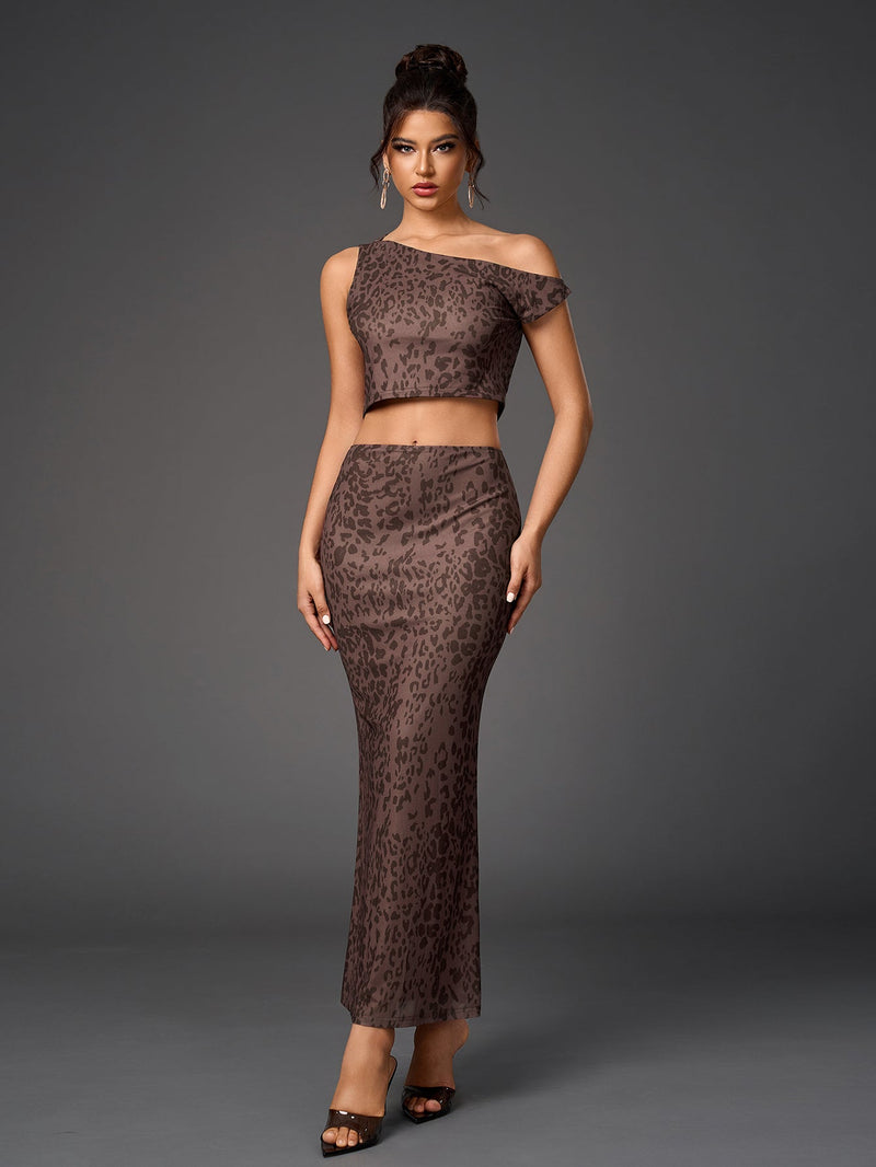 One Shoulder Draped Tie Backless Top&mesh Print Bodycon Skirt