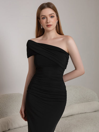 One Shoulder Ruched Midi Dress