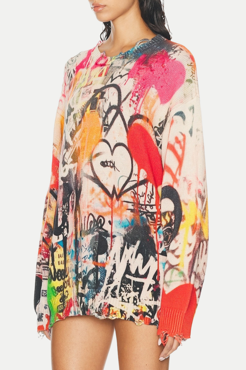 Onida Graffiti Printed Distressed Sweater