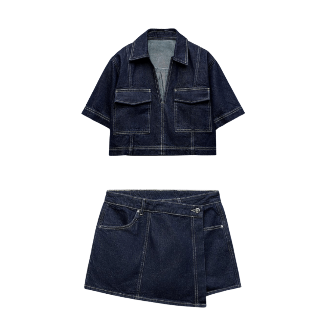 Faelyn - Denim Cropped-top & Skirt Two-piece Set