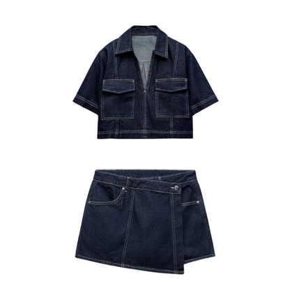 Faelyn - Denim Cropped-top & Skirt Two-piece Set