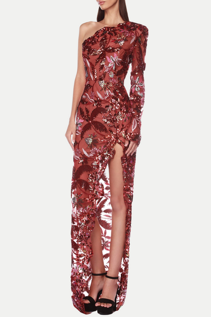 Opal Sequin Embroidered One Shoulder Midi Dress - Red