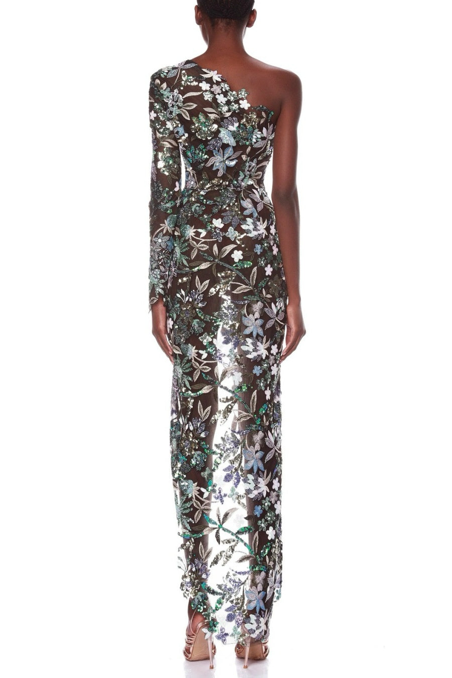 Opal Sequin Embroidered One Shoulder Midi Dress - Green