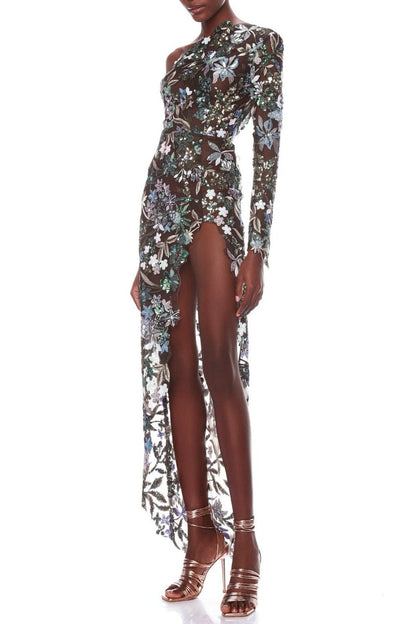 Opal Sequin Embroidered One Shoulder Midi Dress - Green