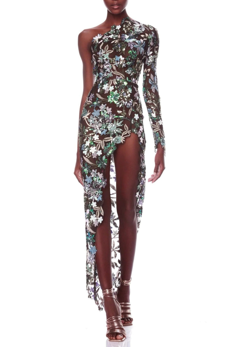 Opal Sequin Embroidered One Shoulder Midi Dress - Green